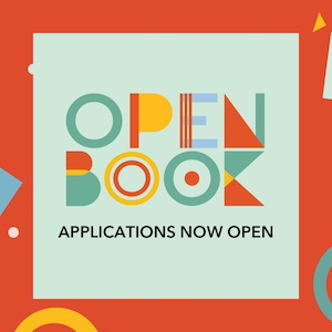 Open Book Internship Logo, Open Book spelled out in colourful letters, above the words Applications Now Open