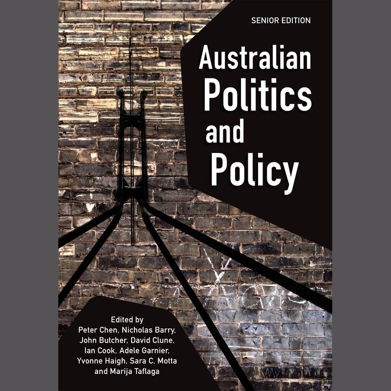The cover of 'Australian Politics and Policy', which features a silhouette of the Parliament House flagpole against a brick wall.