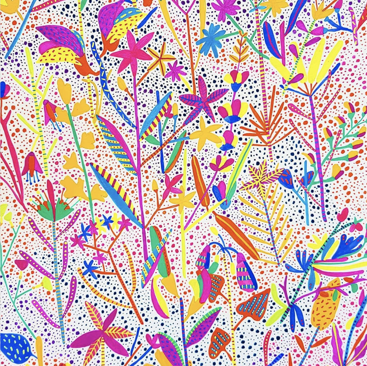 A colourful, floral design, in a marker style.