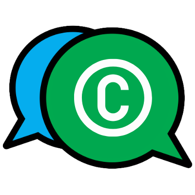 A white C copyright symbol within a green speech bubble, appearing above a smaller blue speech bubble 